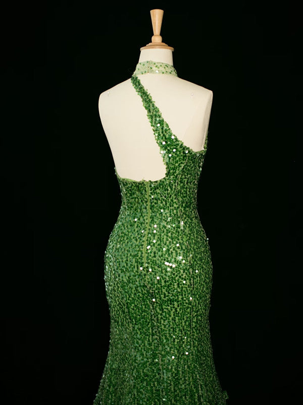 Robe de soirée sexy fourreau à une épaule en paillettes vertes avec perles C3745