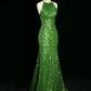 Sexy Sheath One Shoulder Green Sequin Prom Dresses Party Evening Dress With Beads C3745