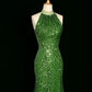 Sexy Sheath One Shoulder Green Sequin Prom Dresses Party Evening Dress With Beads C3745