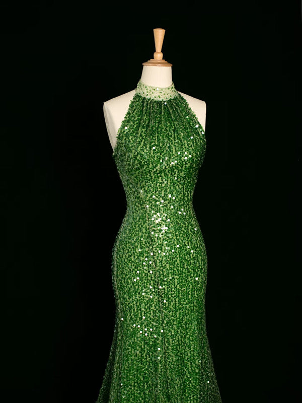 Robe de soirée sexy fourreau à une épaule en paillettes vertes avec perles C3745