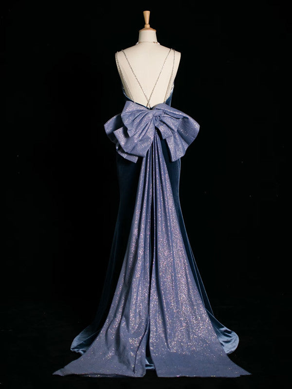 Robe de soirée sexy sirène à bretelles spaghetti en velours bleu marine avec perles C3746