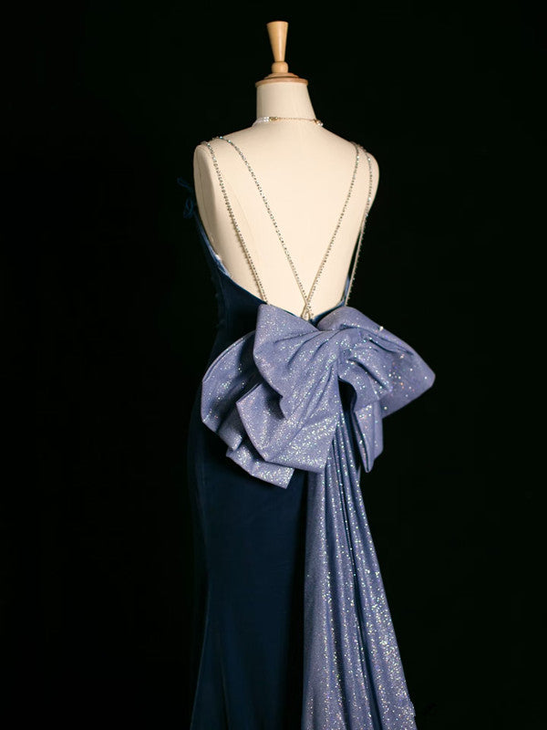 Robe de soirée sexy sirène à bretelles spaghetti en velours bleu marine avec perles C3746