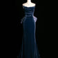 Sexy Mermaid Spaghetti Straps Navy Blue Velvet Prom Dresses Party Evening Dress With Beads C3746