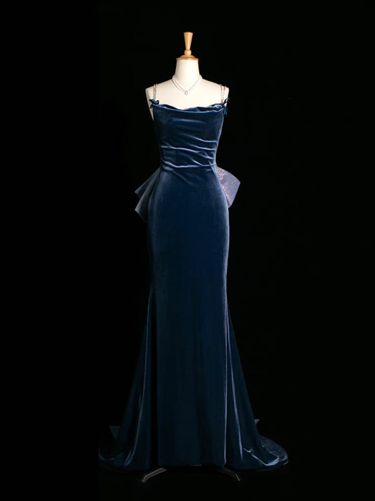 Robe de soirée sexy sirène à bretelles spaghetti en velours bleu marine avec perles C3746