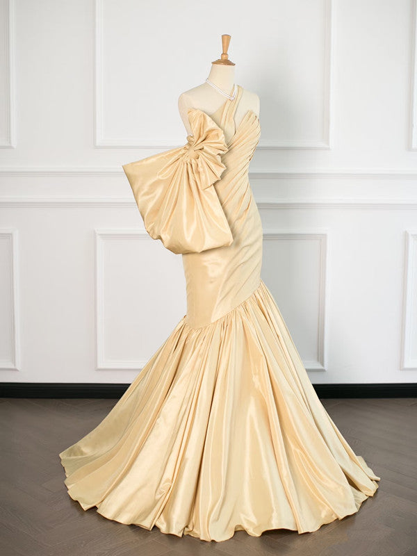 Sexy Mermaid One Shoulder Yellow Satin Long Prom Dresses Party Evening Dress With Bow C3749