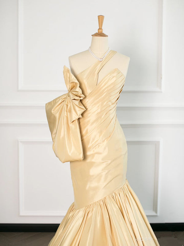 Sexy Mermaid One Shoulder Yellow Satin Long Prom Dresses Party Evening Dress With Bow C3749