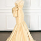 Sexy Mermaid One Shoulder Yellow Satin Long Prom Dresses Party Evening Dress With Bow C3749