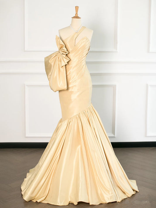 Robe de soirée longue en satin jaune à une épaule et à épaules dénudées avec nœud C3749