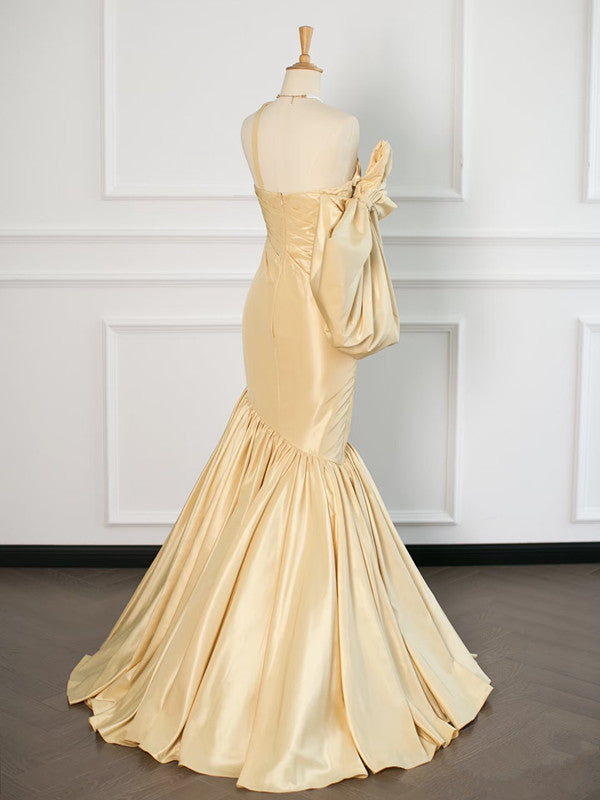 Sexy Mermaid One Shoulder Yellow Satin Long Prom Dresses Party Evening Dress With Bow C3749