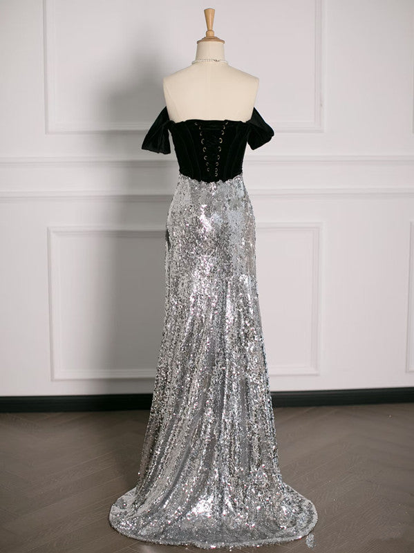 Robe de soirée sexy à volants et épaules dénudées en paillettes C3751