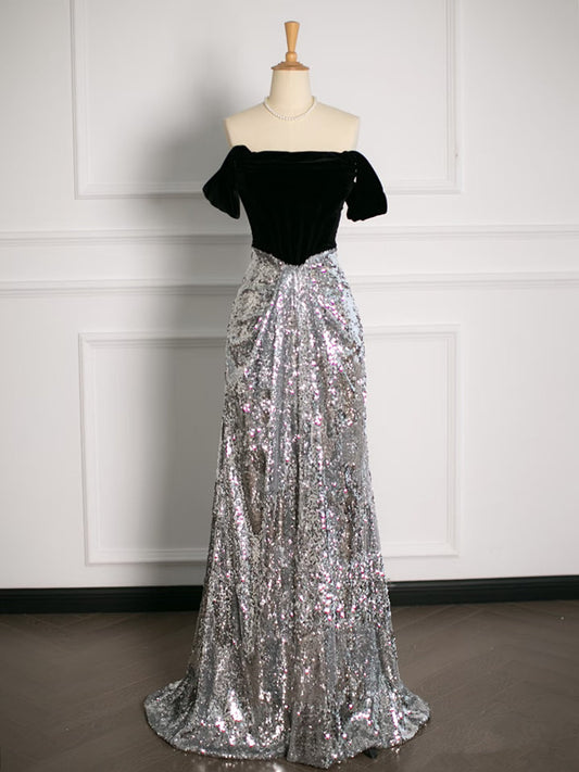 Robe de soirée sexy à volants et épaules dénudées en paillettes C3751