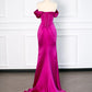 Sexy Mermaid Off The Shoulder Hot Pink Satin Prom Dresses Party Evening Dress With Ruffles C3752