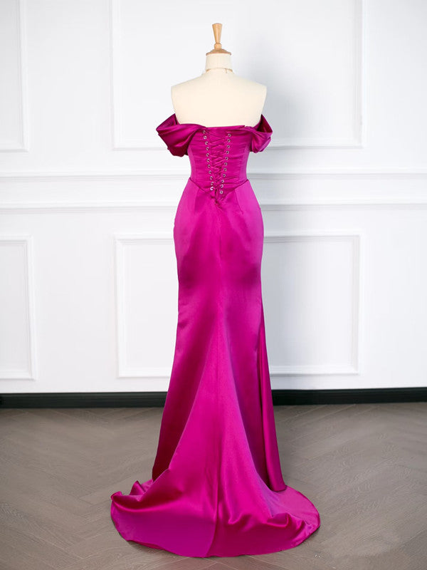 Sexy Mermaid Off The Shoulder Hot Pink Satin Prom Dresses Party Evening Dress With Ruffles C3752