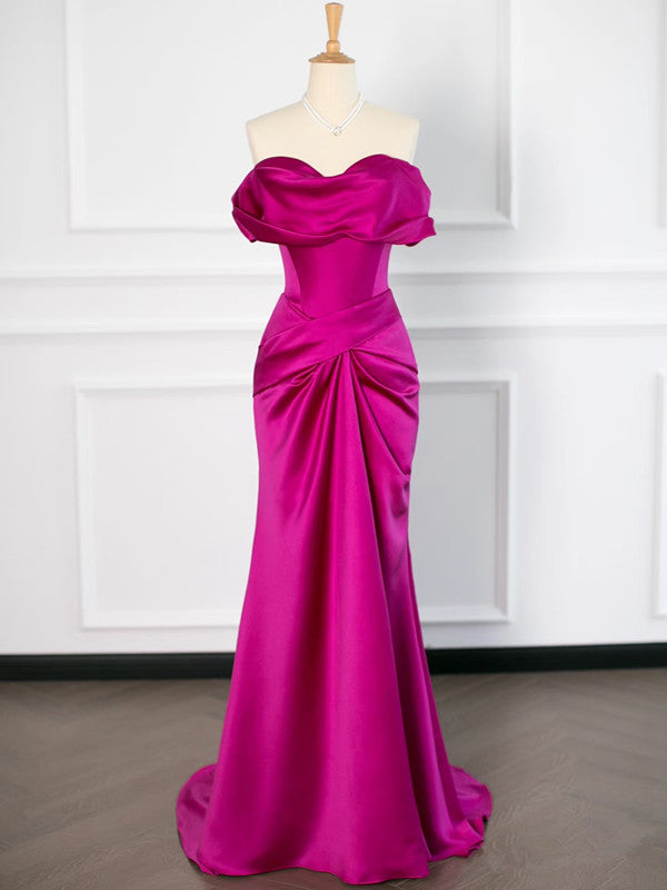 Sexy Mermaid Off The Shoulder Hot Pink Satin Prom Dresses Party Evening Dress With Ruffles C3752