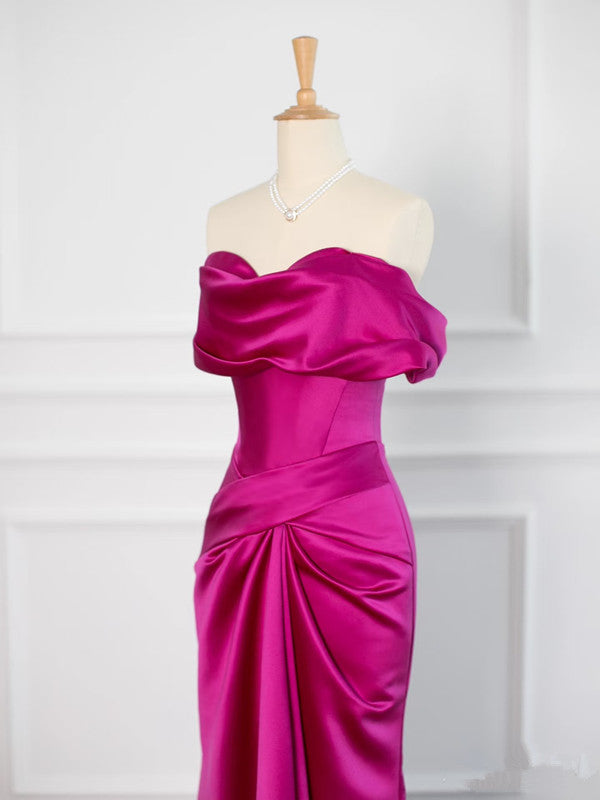 Sexy Mermaid Off The Shoulder Hot Pink Satin Prom Dresses Party Evening Dress With Ruffles C3752