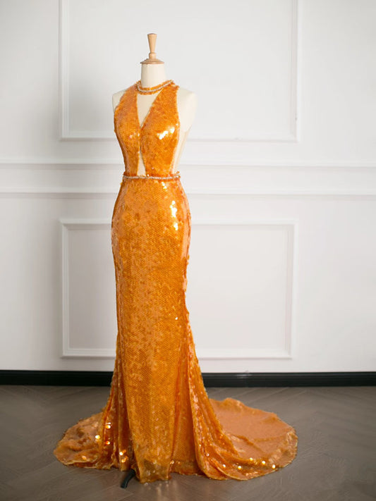 Robe de soirée sexy à paillettes orange et décolleté plongeant en sirène avec perles C3753