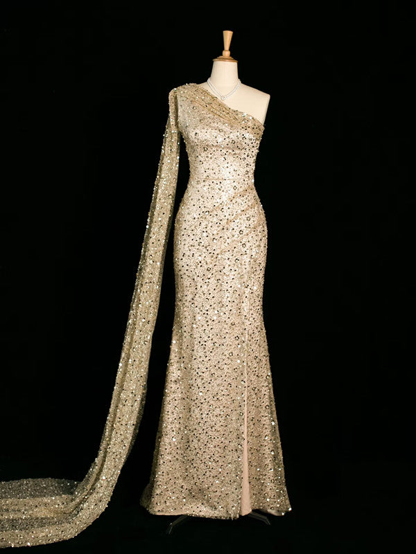 Robe de soirée sexy sirène asymétrique fendue à paillettes C3754