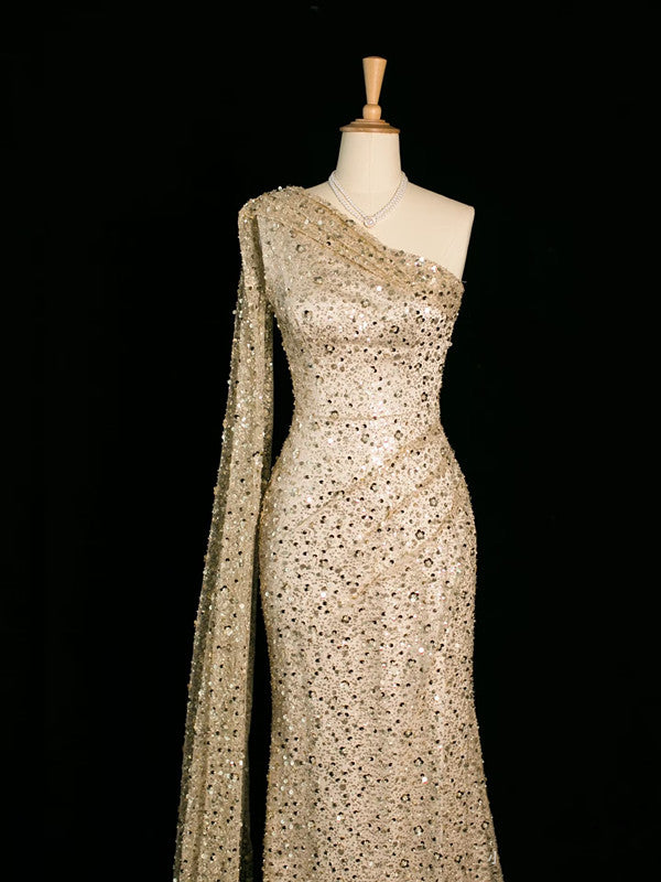 Robe de soirée sexy sirène asymétrique fendue à paillettes C3754