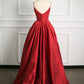 Simple Ball Gown Spaghetti Straps Red Satin Prom Dresses Party Evening Dress C3755