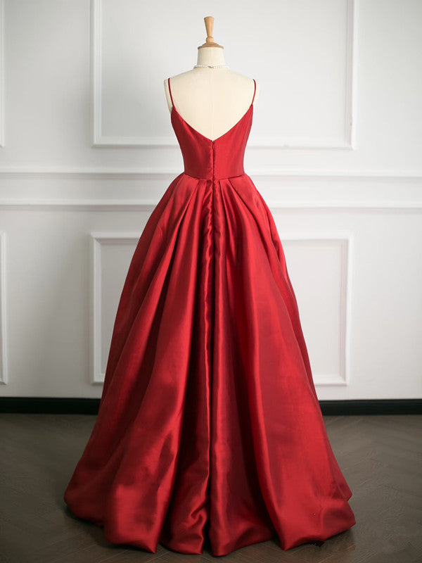 Simple Ball Gown Spaghetti Straps Red Satin Prom Dresses Party Evening Dress C3755