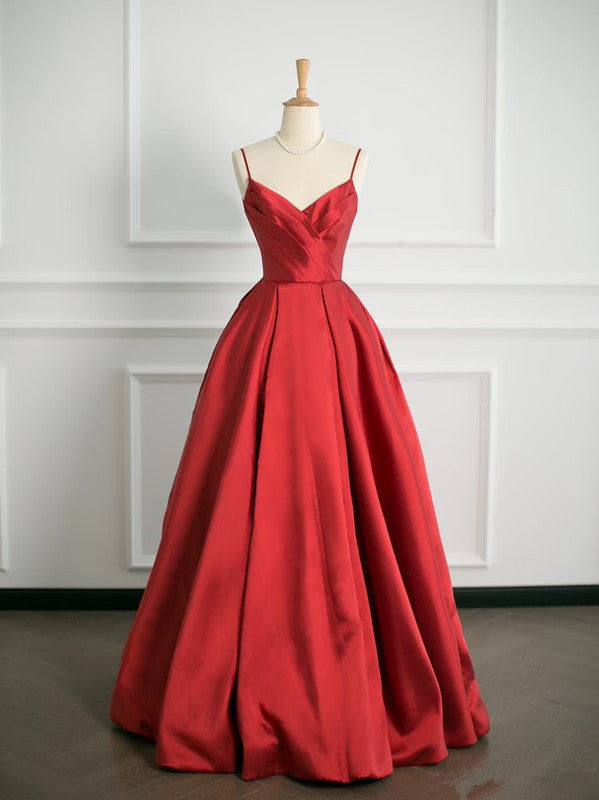 Simple Ball Gown Spaghetti Straps Red Satin Prom Dresses Party Evening Dress C3755