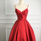 Simple Ball Gown Spaghetti Straps Red Satin Prom Dresses Party Evening Dress C3755