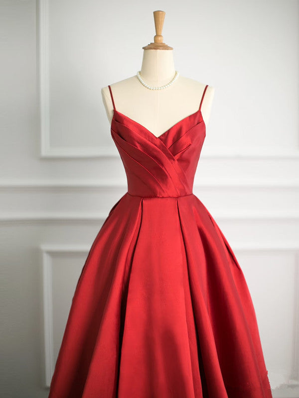 Simple Ball Gown Spaghetti Straps Red Satin Prom Dresses Party Evening Dress C3755