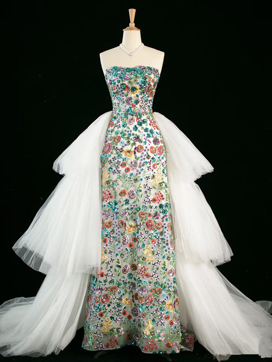 Robe de soirée longue vintage à paillettes et à fleurs, coupe trapèze, sans bretelles, C3756