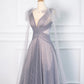 Simple A Line Spaghetti Straps Tulle Gray Prom Dresses Party Evening Dress C3757