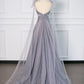 Simple A Line Spaghetti Straps Tulle Gray Prom Dresses Party Evening Dress C3757