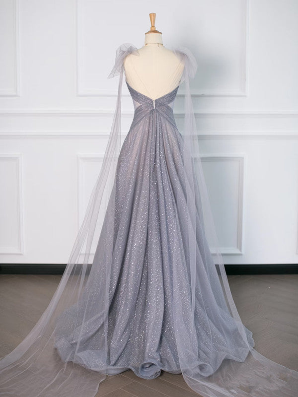 Simple A Line Spaghetti Straps Tulle Gray Prom Dresses Party Evening Dress C3757