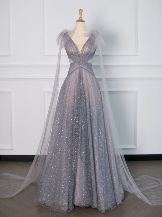 Robe de soirée simple en tulle gris à bretelles spaghetti et ligne A C3757