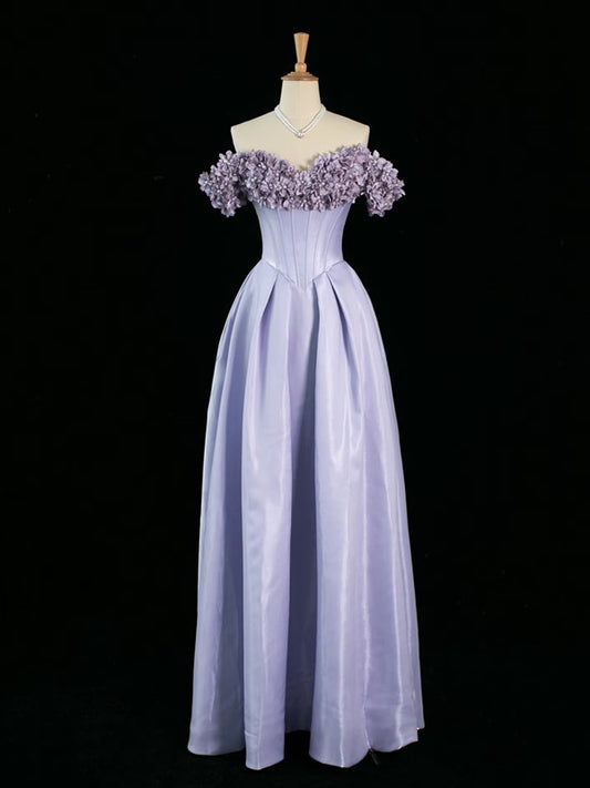 Robe de soirée longue à fleurs lilas à épaules dénudées et jolie ligne A C3759