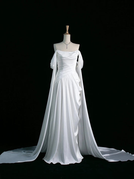 Robe de soirée longue en satin blanc à épaules dénudées et jolie ligne A C3761