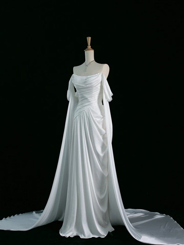 Robe de soirée longue en satin blanc à épaules dénudées et jolie ligne A C3761