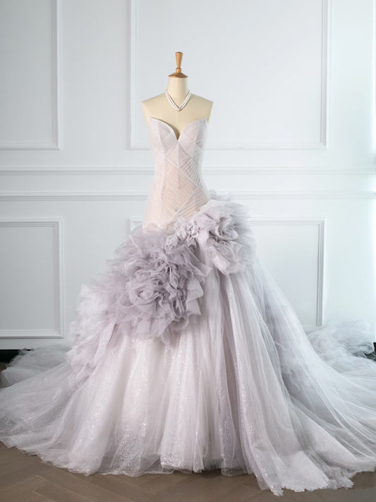 Robe de soirée longue en tulle lilas à bretelles style sirène, jolie robe de soirée C3771