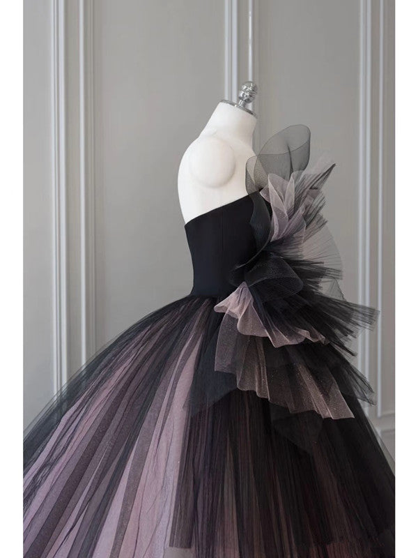 Pretty Ball Gown Strapless Black Tulle Long Prom Dresses Party Gown Evening Dress C3772