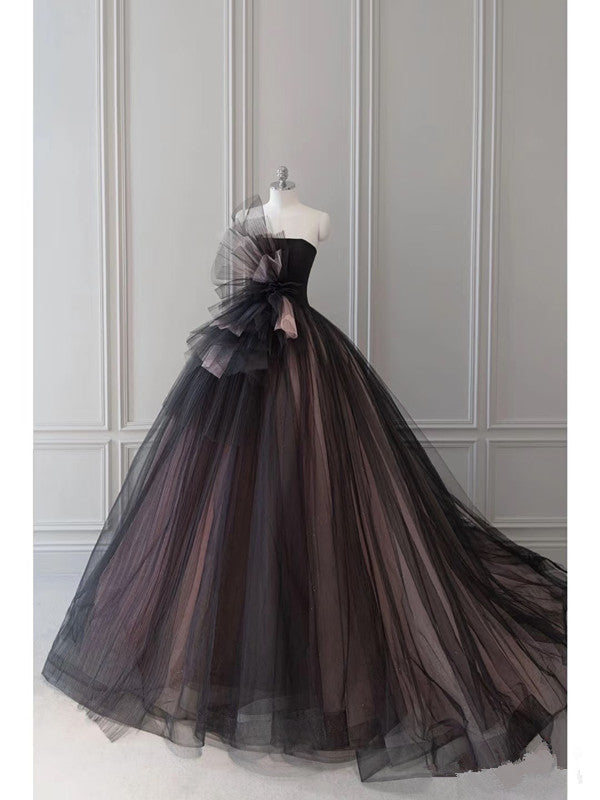 Pretty Ball Gown Strapless Black Tulle Long Prom Dresses Party Gown Evening Dress C3772