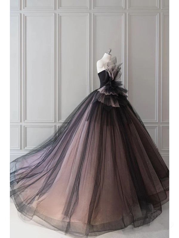 Pretty Ball Gown Strapless Black Tulle Long Prom Dresses Party Gown Evening Dress C3772