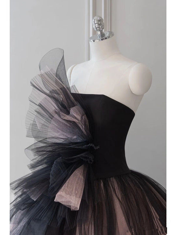 Pretty Ball Gown Strapless Black Tulle Long Prom Dresses Party Gown Evening Dress C3772