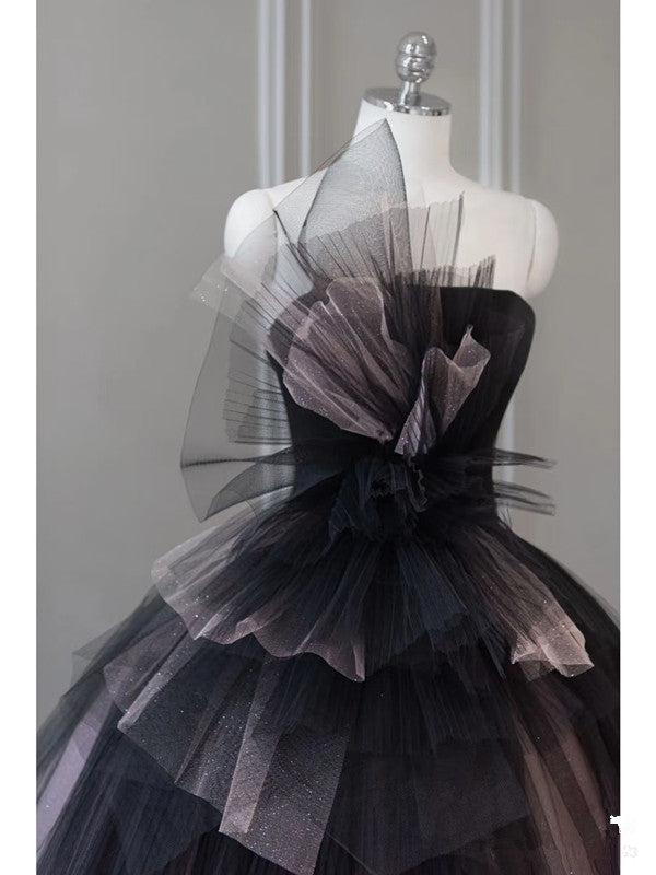 Pretty Ball Gown Strapless Black Tulle Long Prom Dresses Party Gown Evening Dress C3772