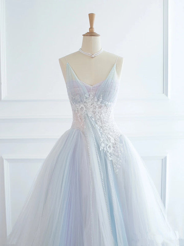 Pretty Ball Gown Spaghetti Straps Tulle Long Prom Dresses Party Gown Evening Dress C3773