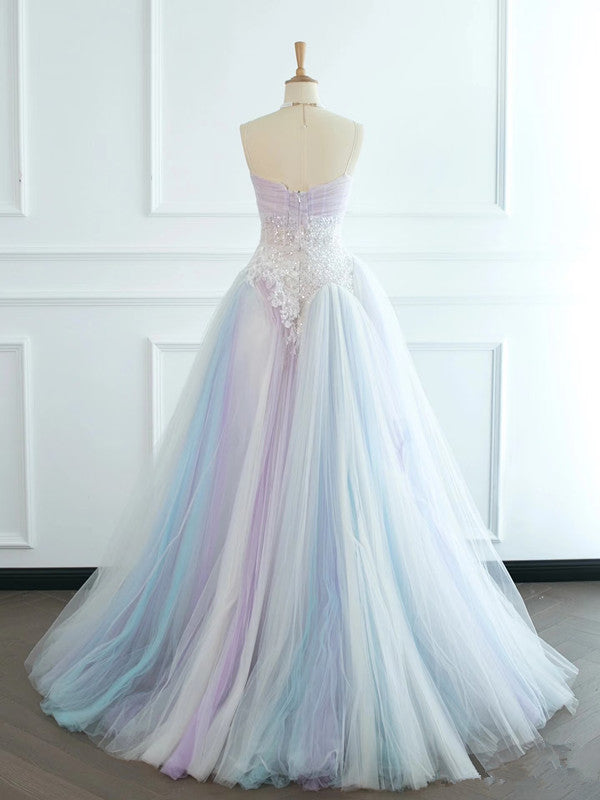 Pretty Ball Gown Spaghetti Straps Tulle Long Prom Dresses Party Gown Evening Dress C3773