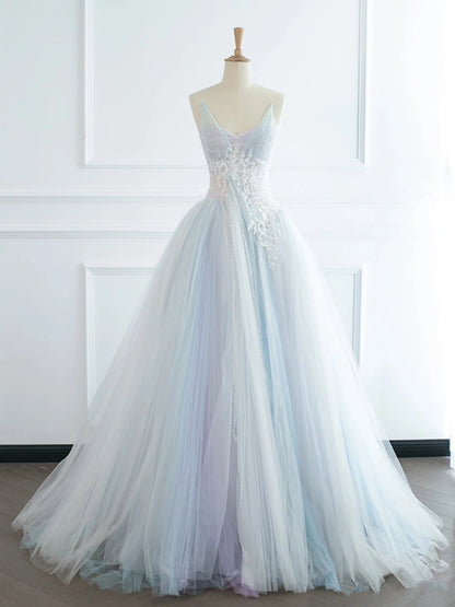 Pretty Ball Gown Spaghetti Straps Tulle Long Prom Dresses Party Gown Evening Dress C3773