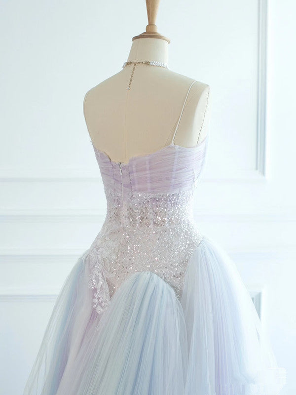 Pretty Ball Gown Spaghetti Straps Tulle Long Prom Dresses Party Gown Evening Dress C3773