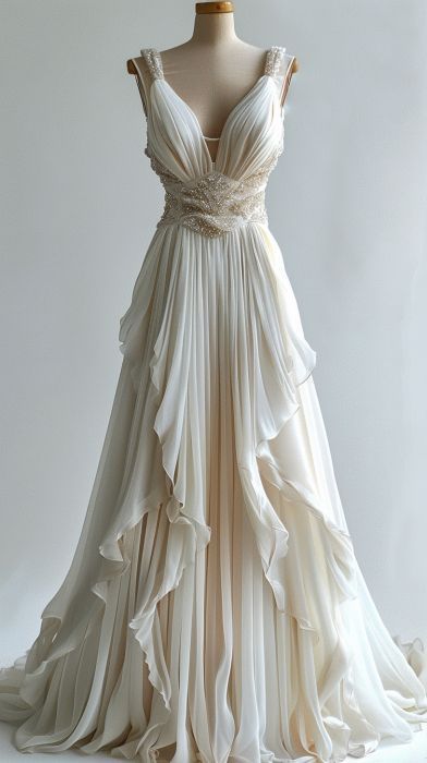 Ivory Beaded A-line Evening Gown Maxi Long Evening Party Prom Dresses Wedding Dresses With Ruffles C3778