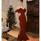 Robe de soirée longue en satin bordeaux à épaules dénudées et jolie sirène C3788