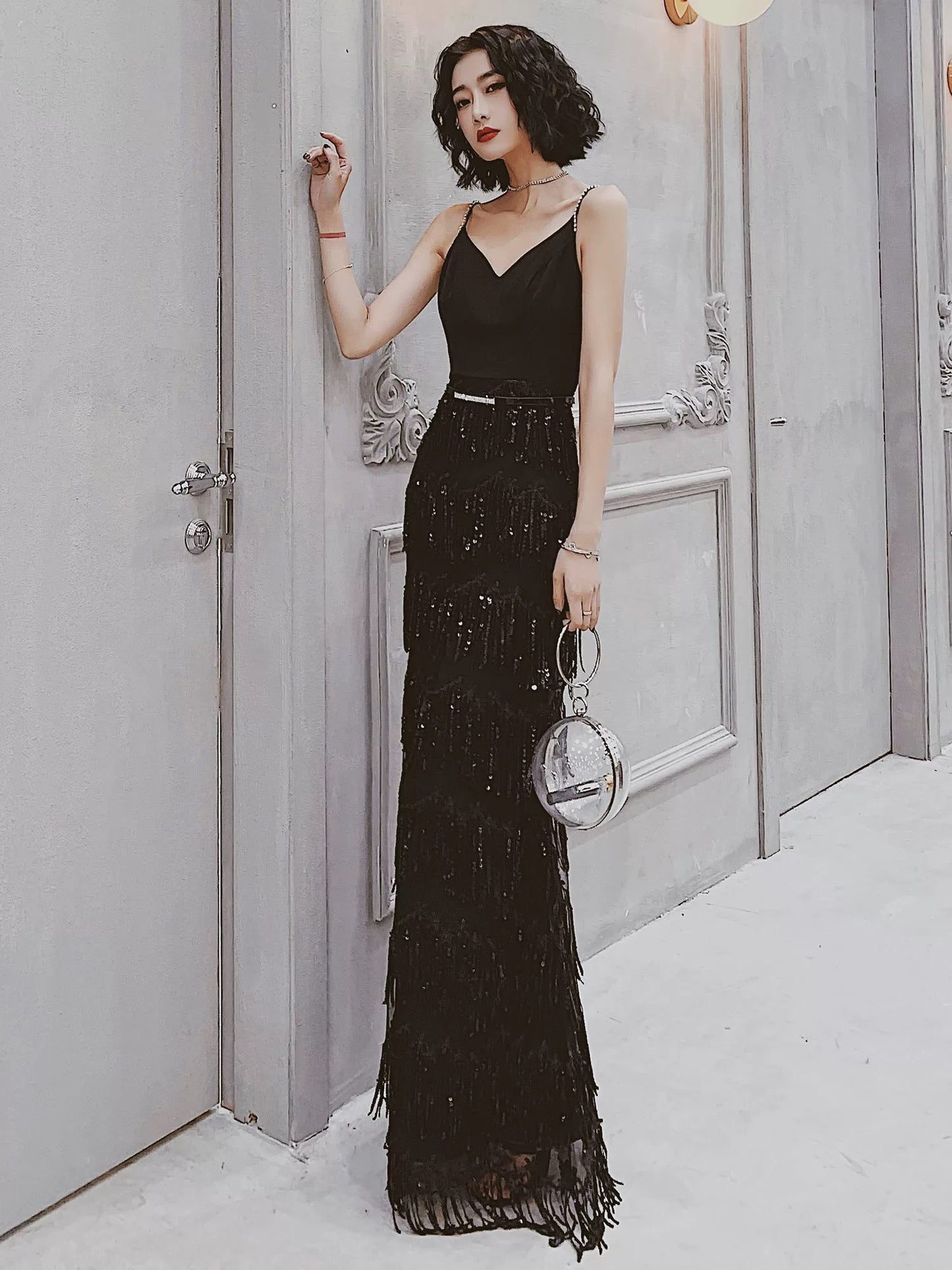 Modest Sheath Spaghetti Straps Black Sequin Long Prom Dresses Party Gown Evening Dress C3791