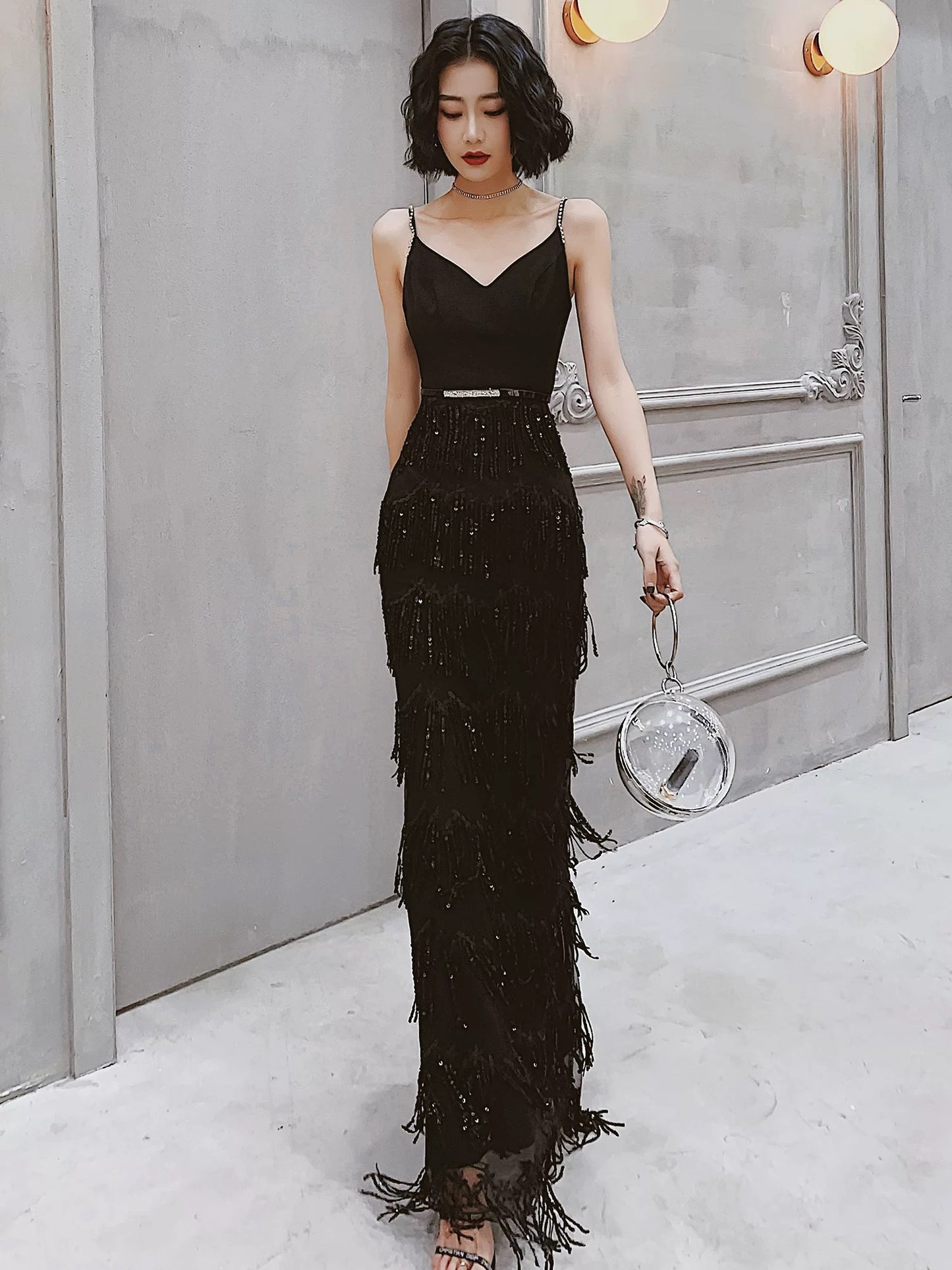 Modest Sheath Spaghetti Straps Black Sequin Long Prom Dresses Party Gown Evening Dress C3791