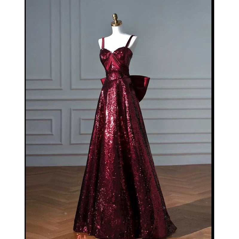 Robe de soirée longue à bretelles spaghetti en ligne A, bordeaux, paillettes, robe de bal, C3792